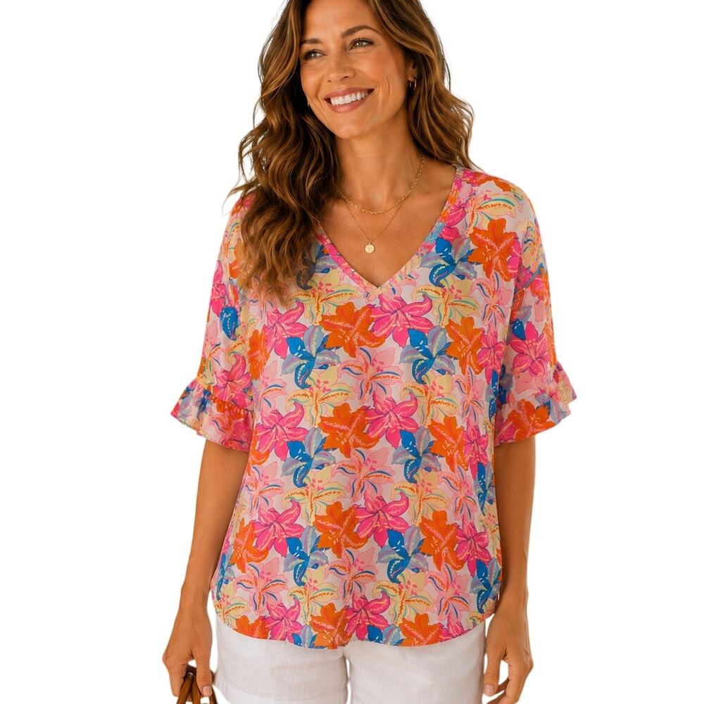 Lulu B Tropical Ruffled Sleeve V-Neck Top Womens Small Neon Pink Orange UPF 50+